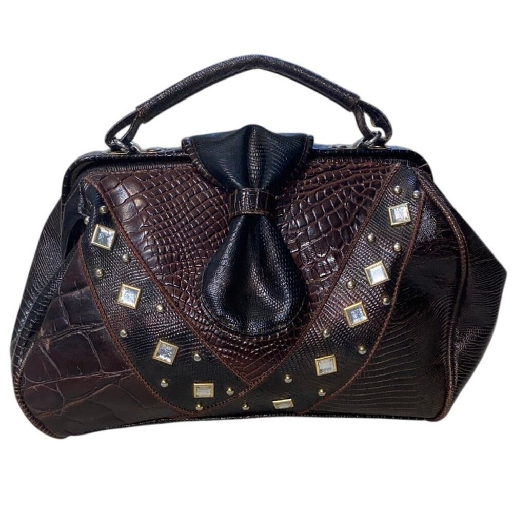 Y2K Vintage Handbag Bow Embellished Studded Crocodile Texture Faux Leather